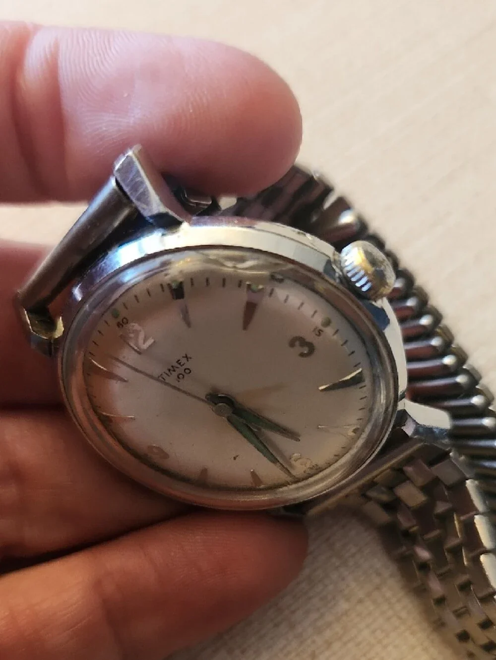 Vintage Timex Men's Silver‎ Watch with Luminous Green Hands